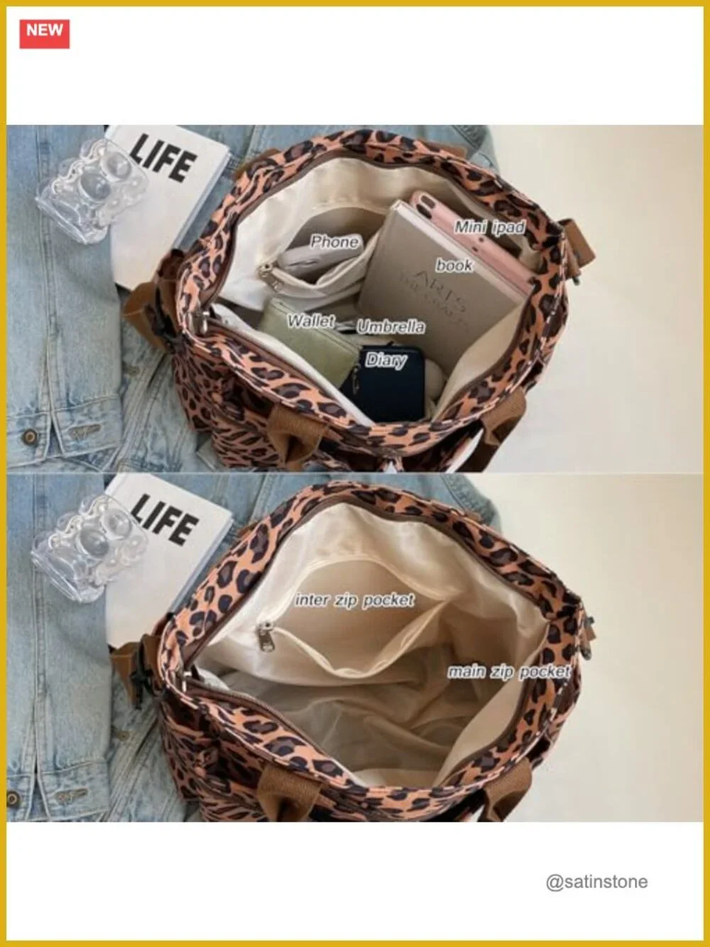 Canvas Tote Bag for Women Leopard Print Shoulder Bag with Pockets